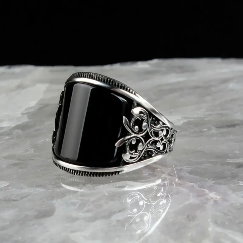 Retro Handmade Islamic Ring for Men Vintage Turkish Double Sword Black Stone Ring Punk Trendy Religious Muslim Jewelry Wholesale