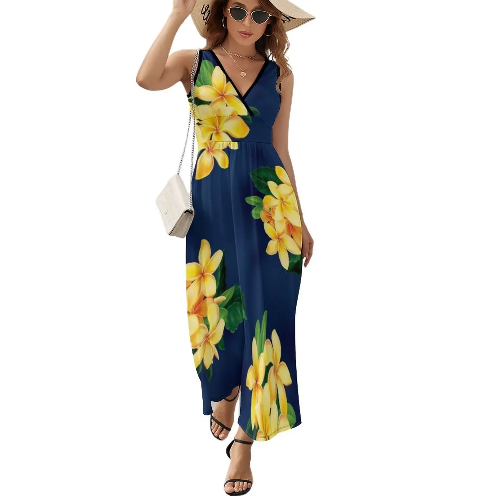 Tropical Paradise Hawaiian Plumeria Illustrazione Abito Senza Maniche Abito Da Festa Donna Elegante Lusso