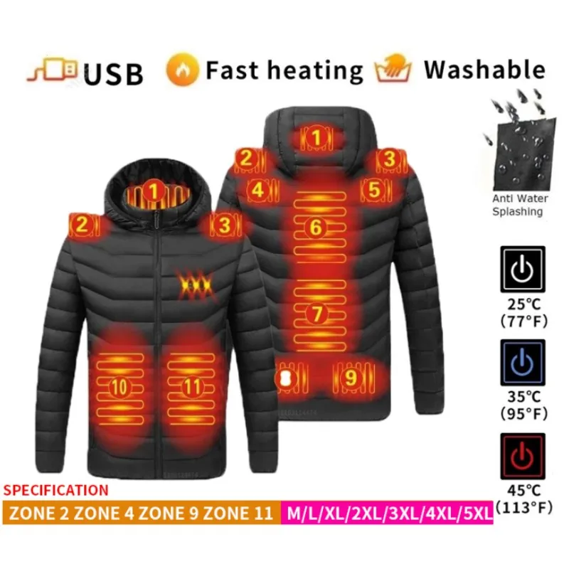 Giacca Riscaldata Uomo Donna Outdoor Warm Sports Warm Jacket Abbigliamento Invernale Usb2 Zone 4 Zone 9 Zone 11 Zone Riscaldamento Nero Rosso