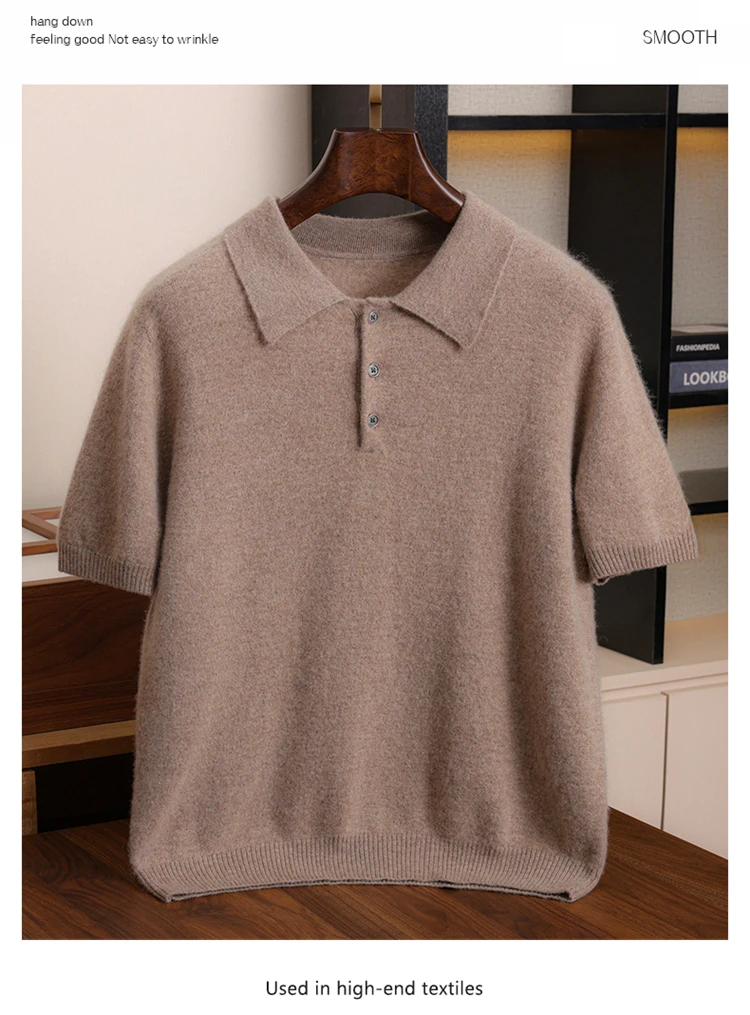 قميص بولو رجالي قصير الأكمام من الكشمير 100٪ للأعمال والملابس غير الرسمية، سترة للربيع والصيف