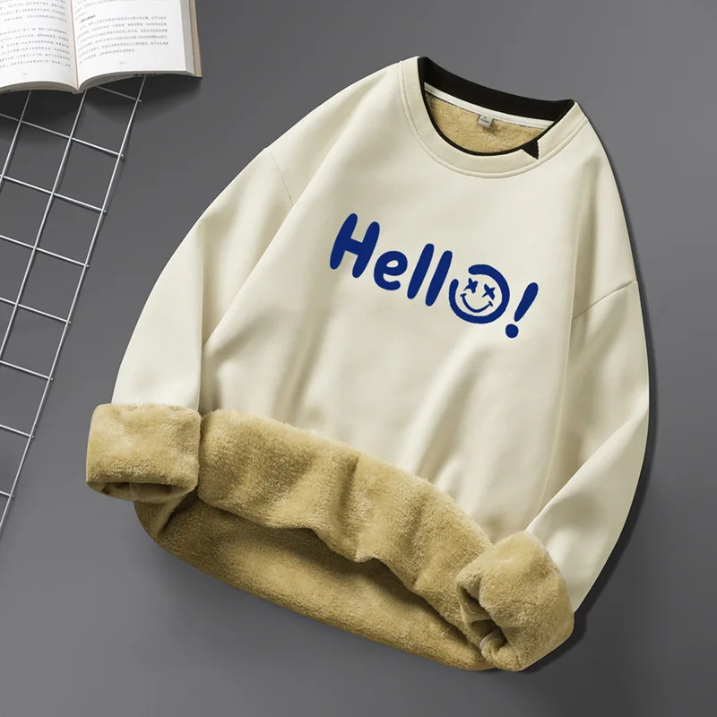 New Youth Lambswool Autumn and Winter New Men's Sweater Casual Teenagers' Long-Sleeved T-shirt round Neck Fleece Padded Coat