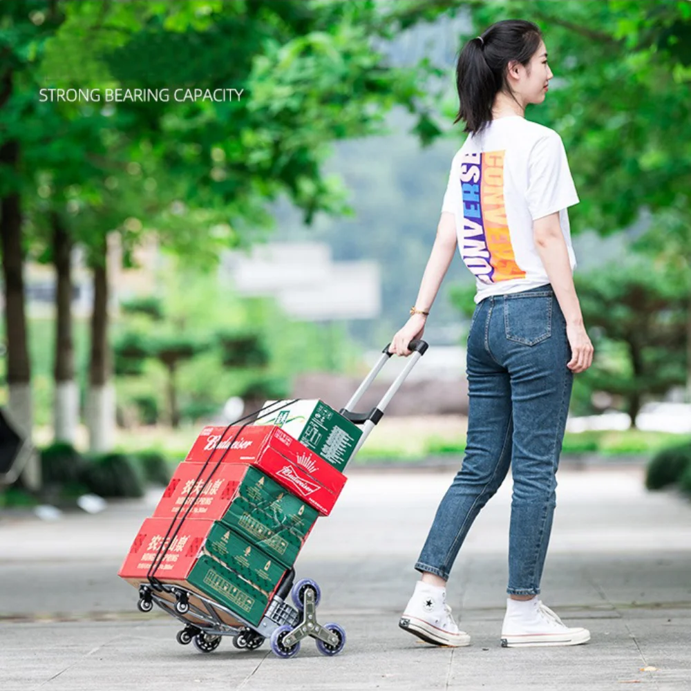 Folding Shopping Cart Folding Stair Cart with Wheels Portable Folding Trailer Aluminum Alloy Trolley Home Lightweight Climbing Travel Folded Trolley