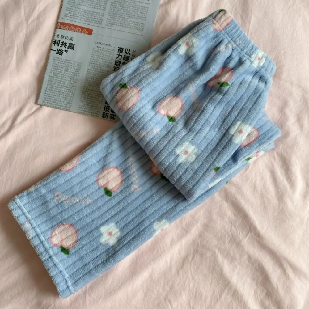 Kawaiii Bowknot Peach Pajama Pants Nightwears Loose Coral Fleece Pants Sweet High Waist Flower Fleece Trousers Daily