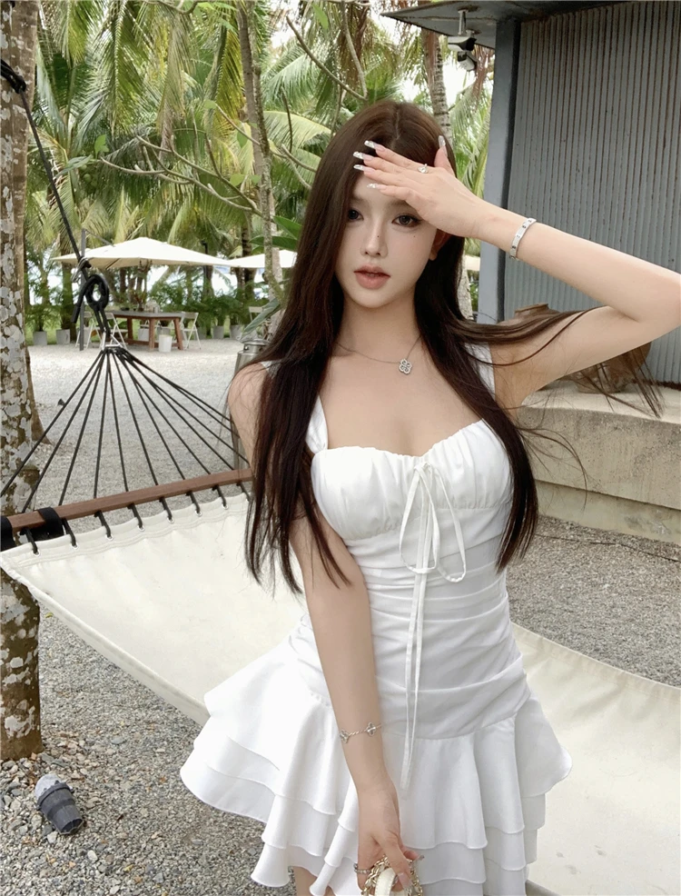 Summer New Holiday Beach Style Short Dresses for Women Spaghetti Strap Ruffles A-line Birthday Party Dress Korean Chic Vestidos