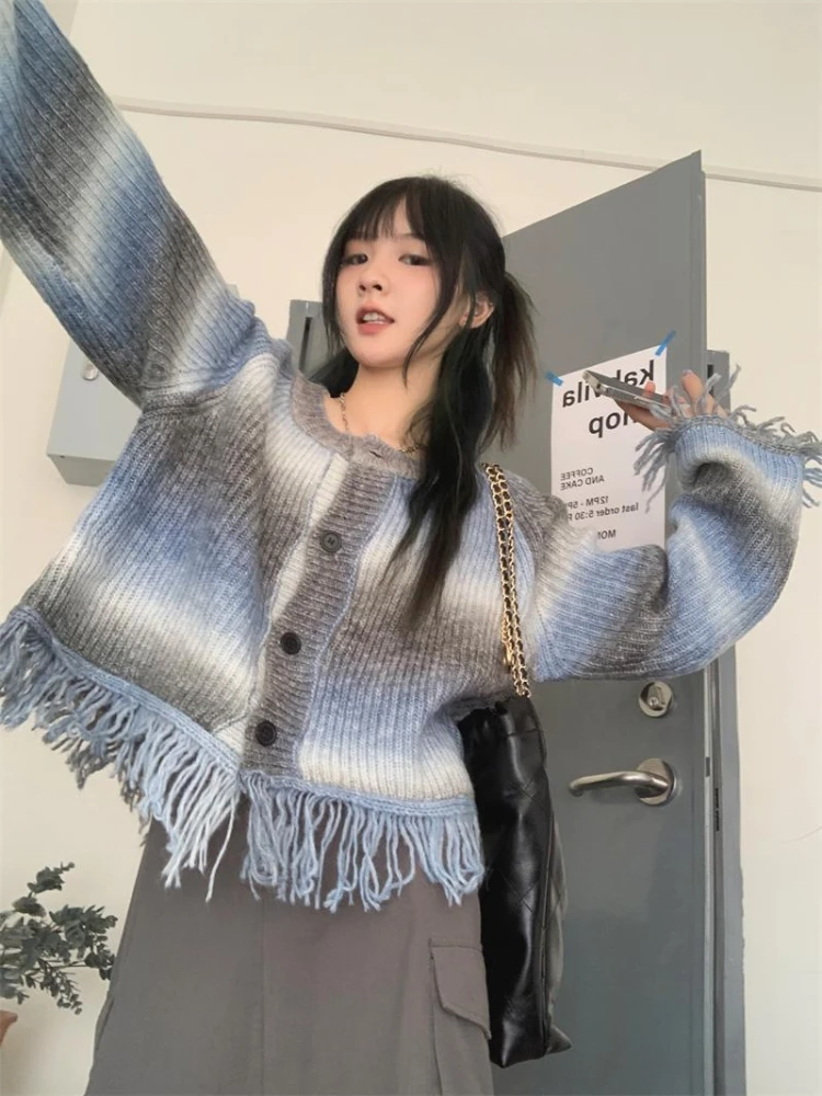 Vintage Tie Dye Sweater Cardigan Women Y2K Streetwear Tassel Knitted Crop Jacket Autumn Winter Korean Loose Knitwear Top Coat 3