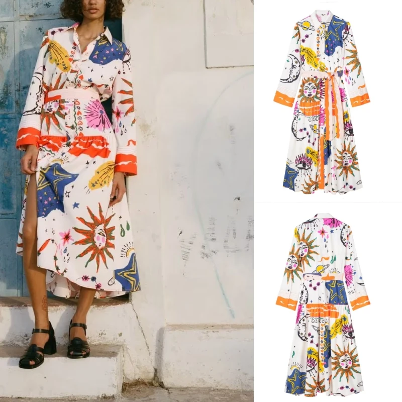 

Spring and summer new women's retro vacation style fashion lapel loose long sleeves with belt printed dress