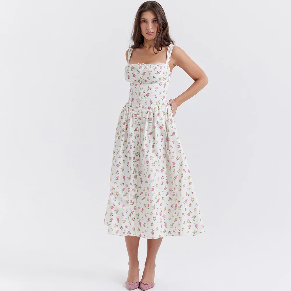 

2023 Summer Spaghetti Strap Holiday Party Dresses Elegant Midi Button Lace Up Dress Casual Women New In Dress