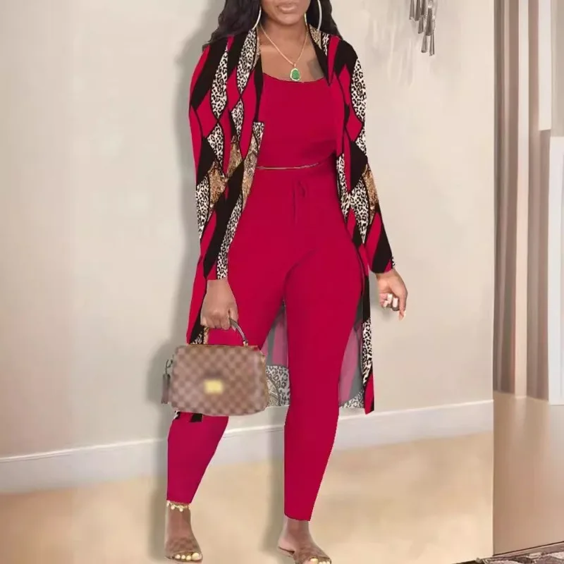 European and American Popular Autumn and Winter Women's Fashion Printed Jacket Trousers Three-piece Set