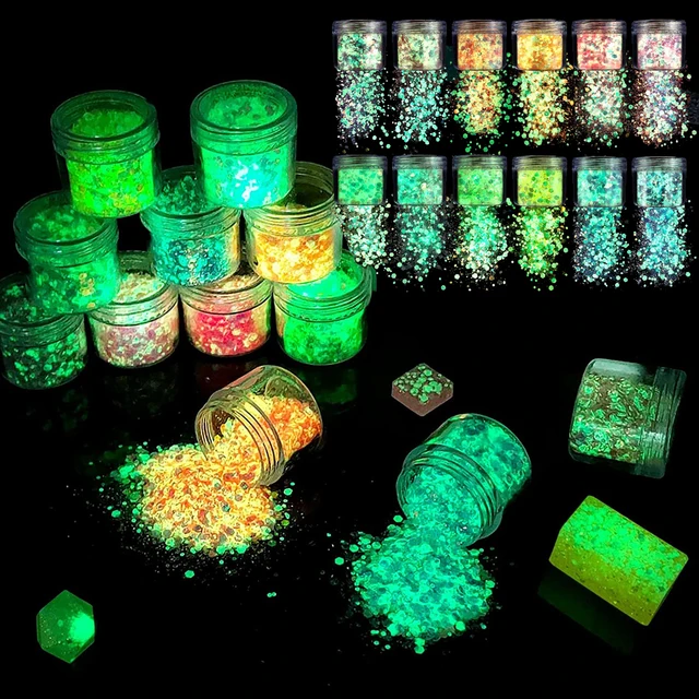 15 Colors-20g Glow in The Dark Glitter Luminous Chunky Nail Art Glitter Mixed Ultra Fine Powder Iridescent Hexagon UV Sequins
