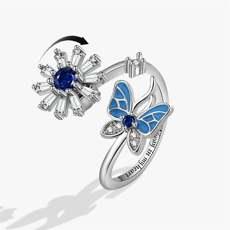 Fidget Spinner Ring Finger Ring Fashion Beads Anxiety Ring Korea Crystal Butterfly Flower Star Moon Ring Anti Stress Jewelry Gift