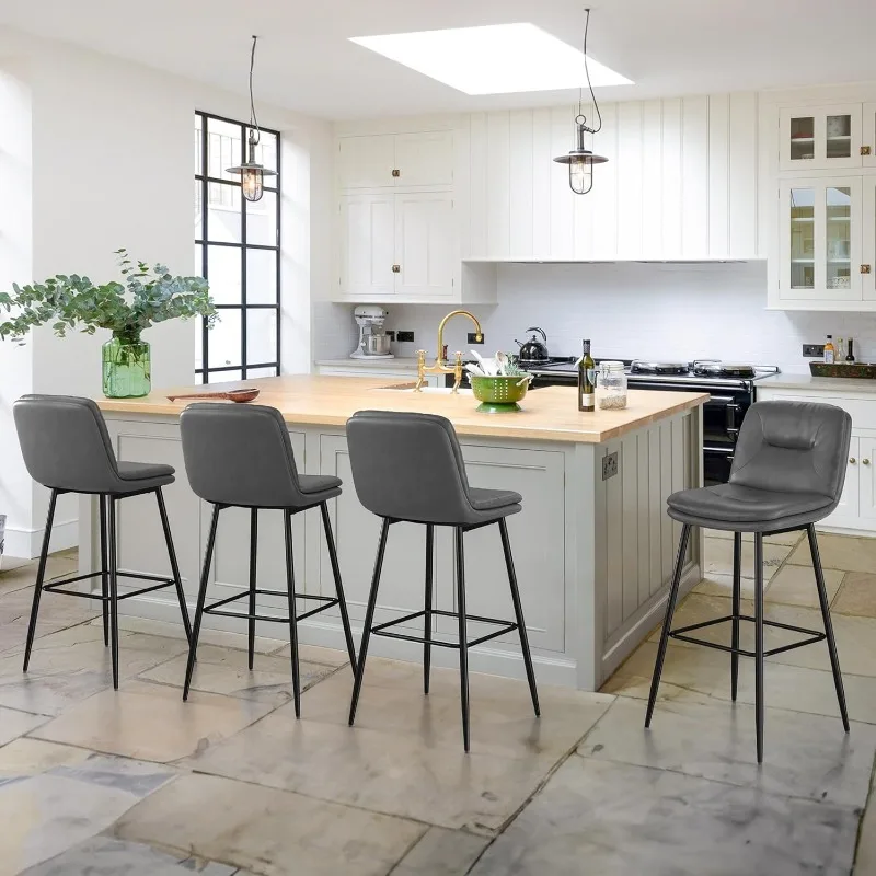 Upholstered Bar Stools Set of 4, Counter Height Bar Stools for Kitchen Island, Faux Leather Armless Barstool Chairs, 24 Inch