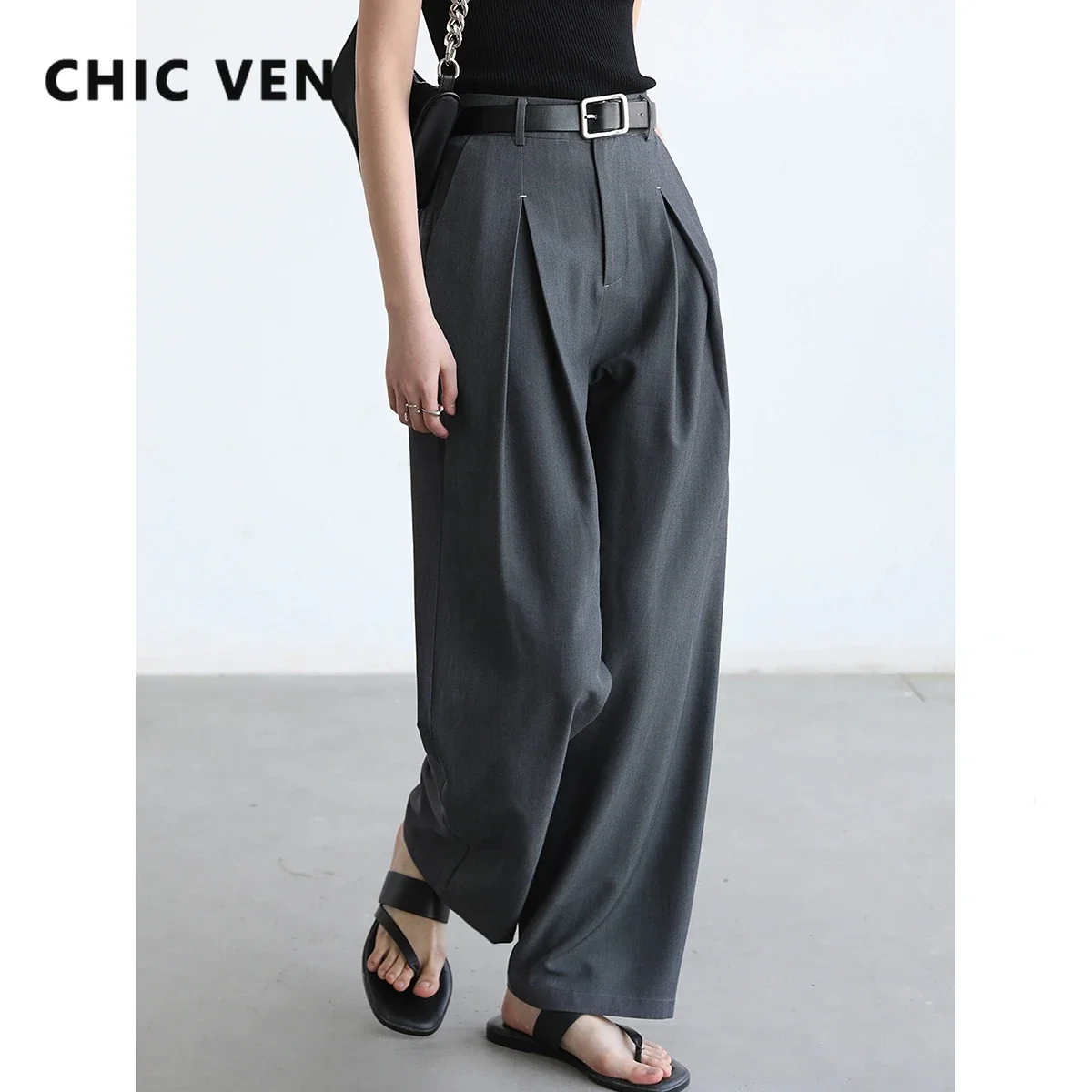 

CHIC VEN Women's Casual Pants High Waisted Pleated Wide-legged Micro-harlan Trousers for Woman Office Lady Spring Autumn 2024