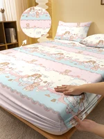 1 Cartoon Cute Little Bear and Doll printed matte Fitted Sheet, bedroom printed bed cover, bedding (excluding pillowcases) 1
