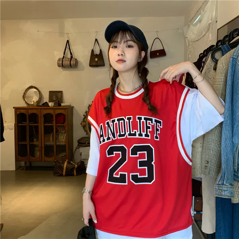 T shirt Palsu Dua Potong Musim Panas Gaya Olahraga Basket Wanita Atasan  Kaus Lengan Pendek Longgar Streetwear Pakaian Harajuku| | - AliExpress