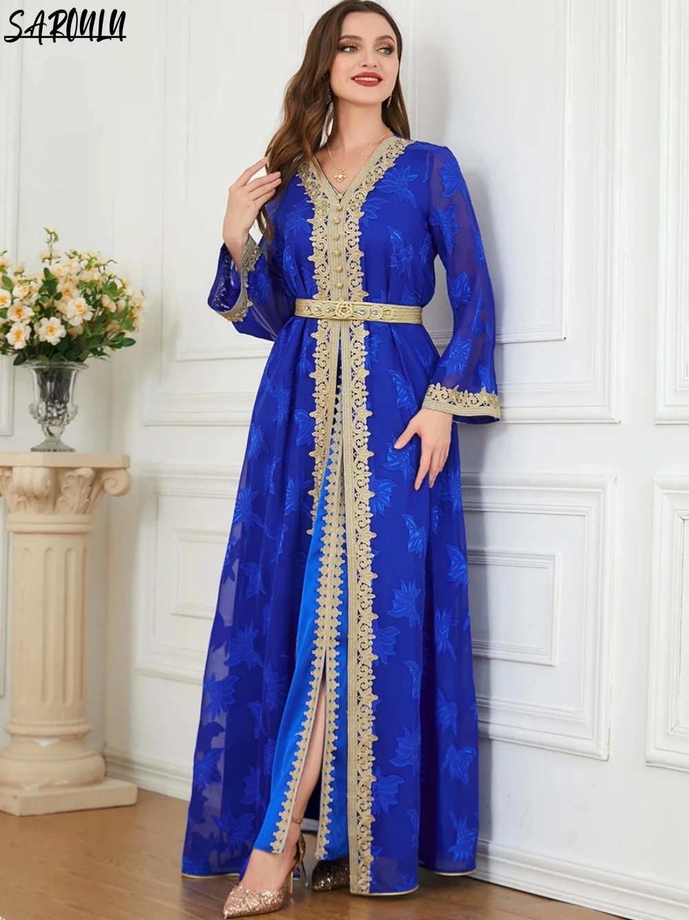 

Moroccan Kaftan Party V-neck Evening Dress Long Sleeve Bride Robe Vintage Floor-length Bridal Dresses Vestidos De Novia