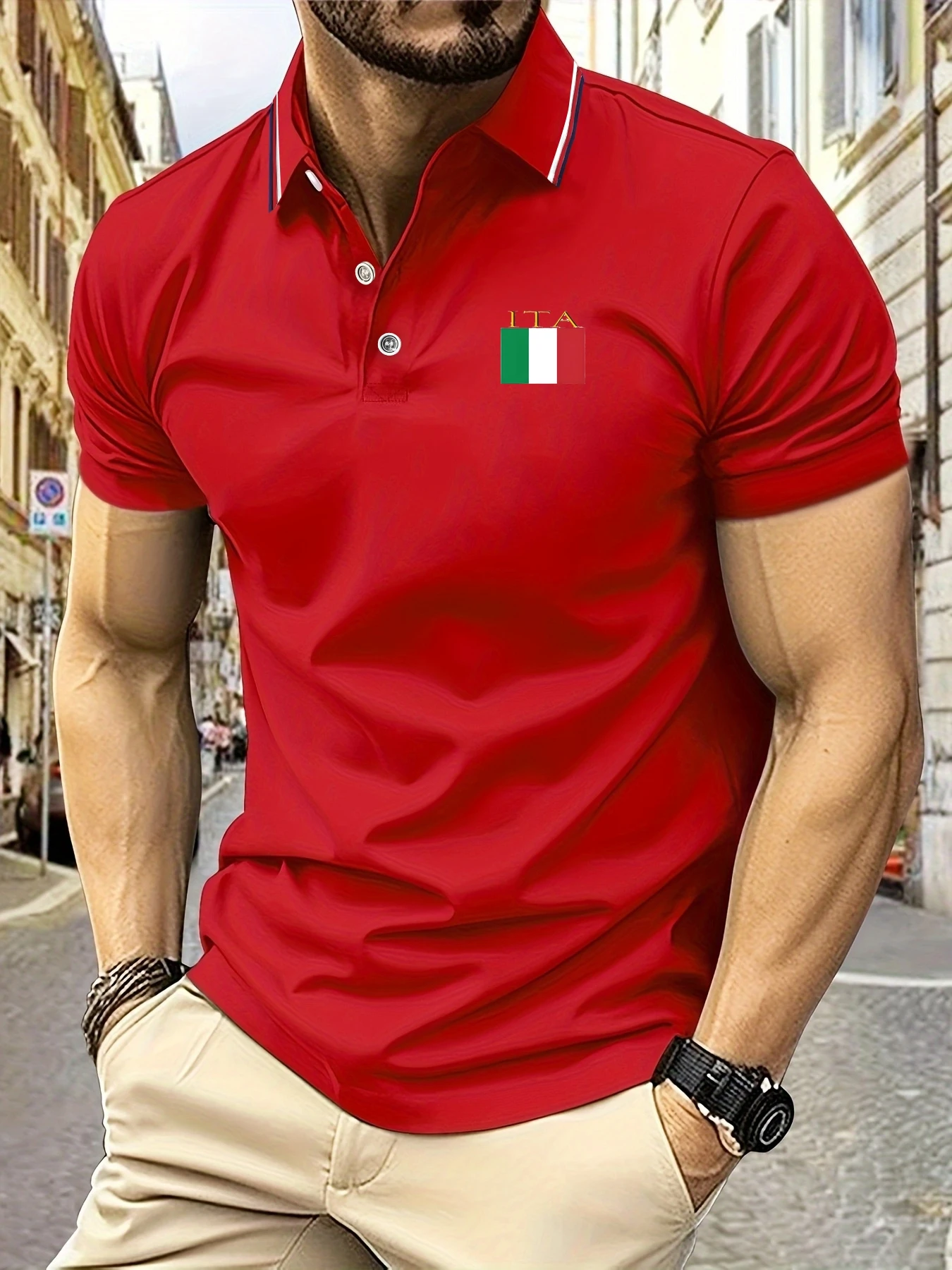 2025 Polo da uomo ricamata con bandiera italiana estiva manica corta traspirante leggera casual strisce con risvolto morbido al tatto - immagine 6