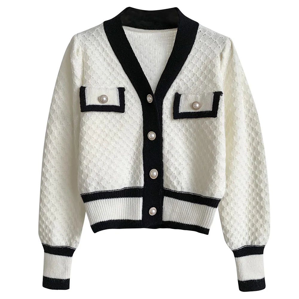 Croysier Cardigan 2021 Fashion Women Winter Contrast Color Trim V Neck Long Sleeve Pocket Button Up Knitted Cardigan Sweater ladies sweater