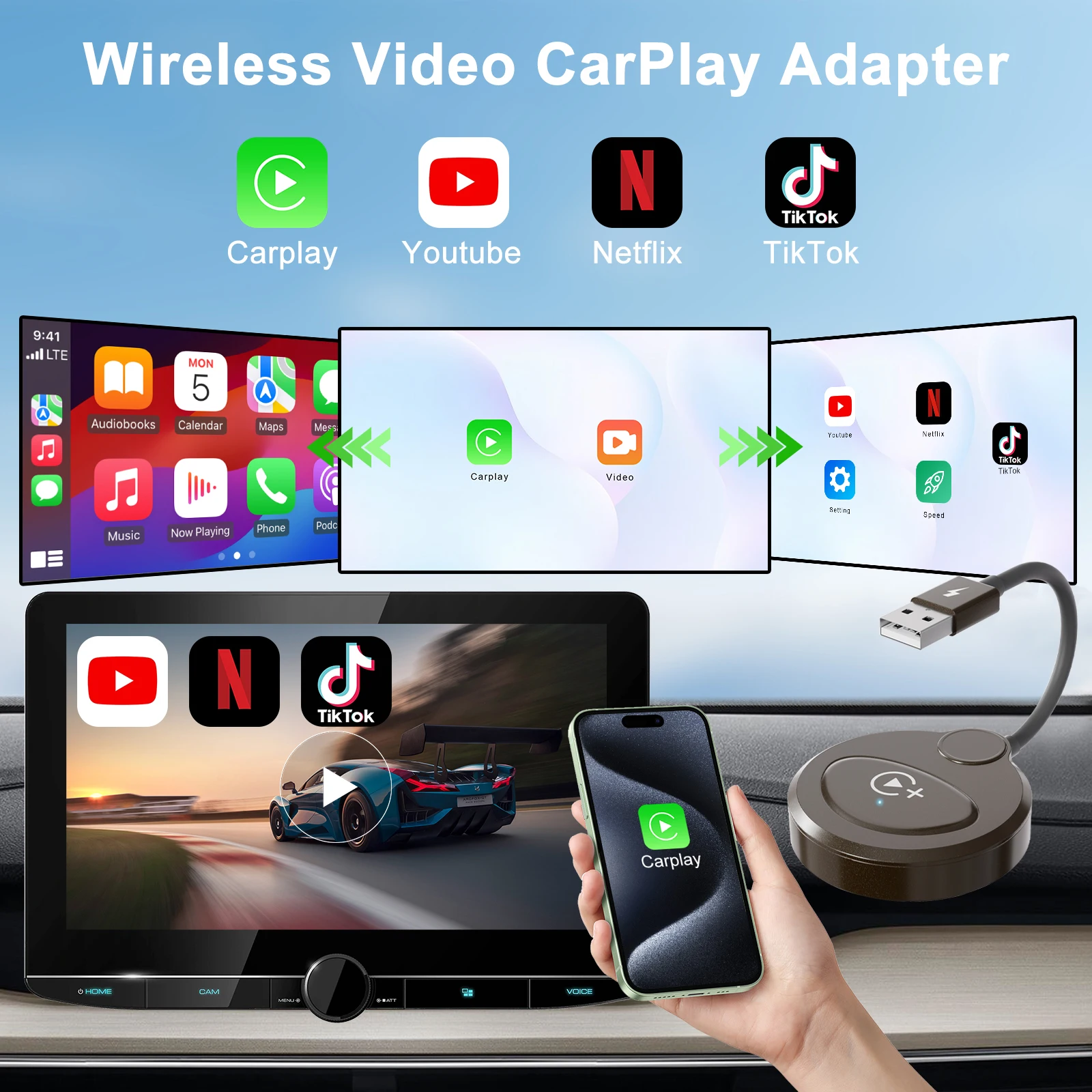 Carplay Wireless Adapter with Youtube/Netflix/Tiktok Wireless Carplay USB Dongle for Factory Wired to video carplay adapter