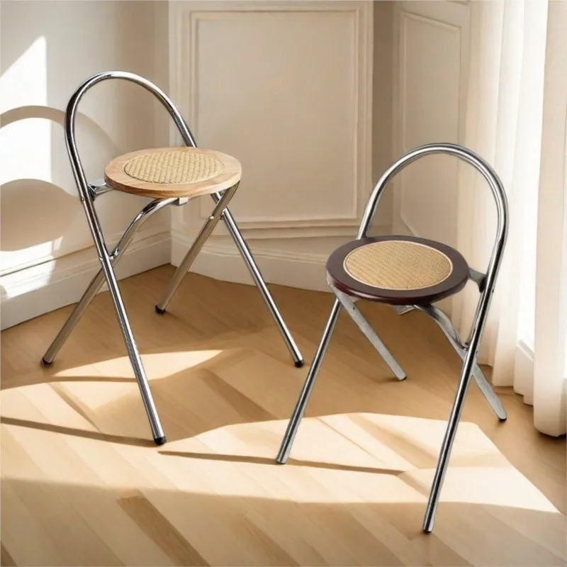Folding Chair Solid Wood Rattan Woven Backrest Chair Household Folding Stool Antique Stainless Steel Dining