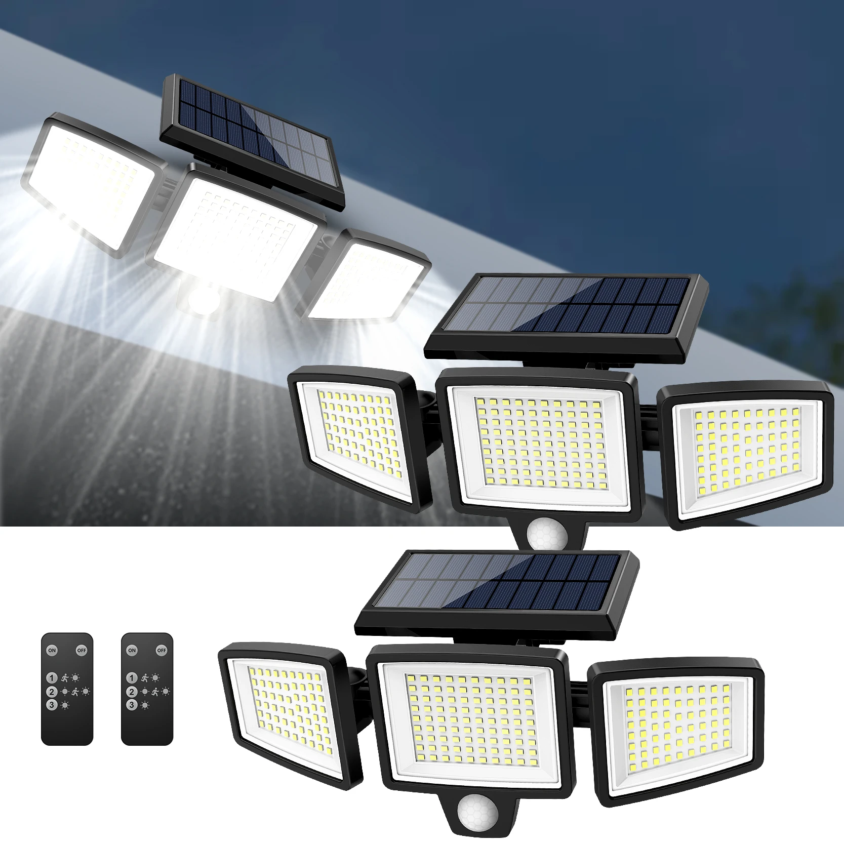 Three-Head Outdoor Waterproof Solar Light with 200+ LEDs and Motion Sensor Security Light for Porches, Garages, Yard Entrances, 1