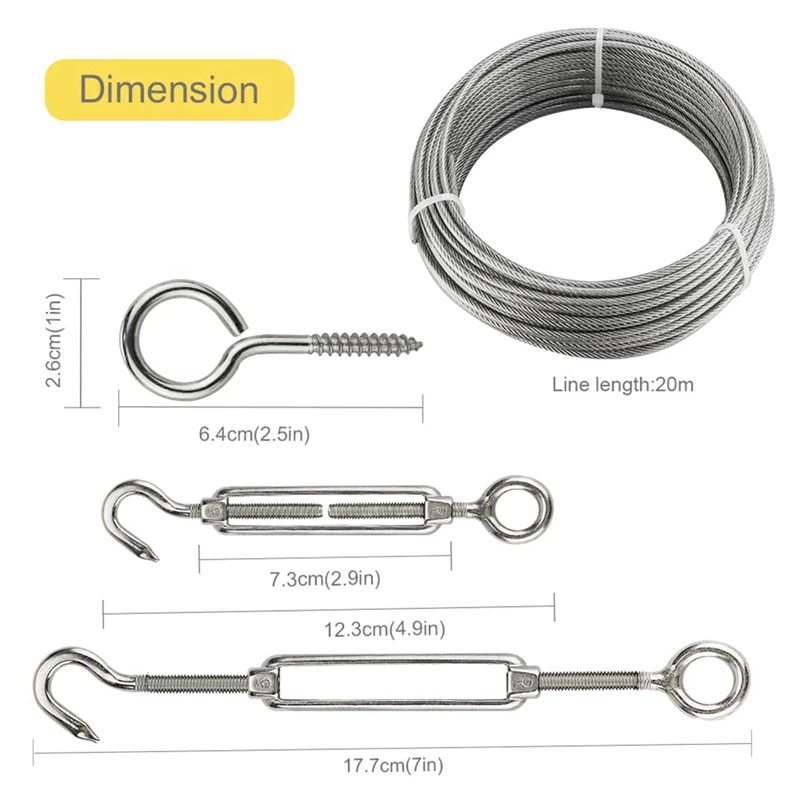 20M Stainless Steel Kit, 3MM Sorting Helps Tighten Rope Wear With M5 Stainless Steel Rope Clamp R Durable