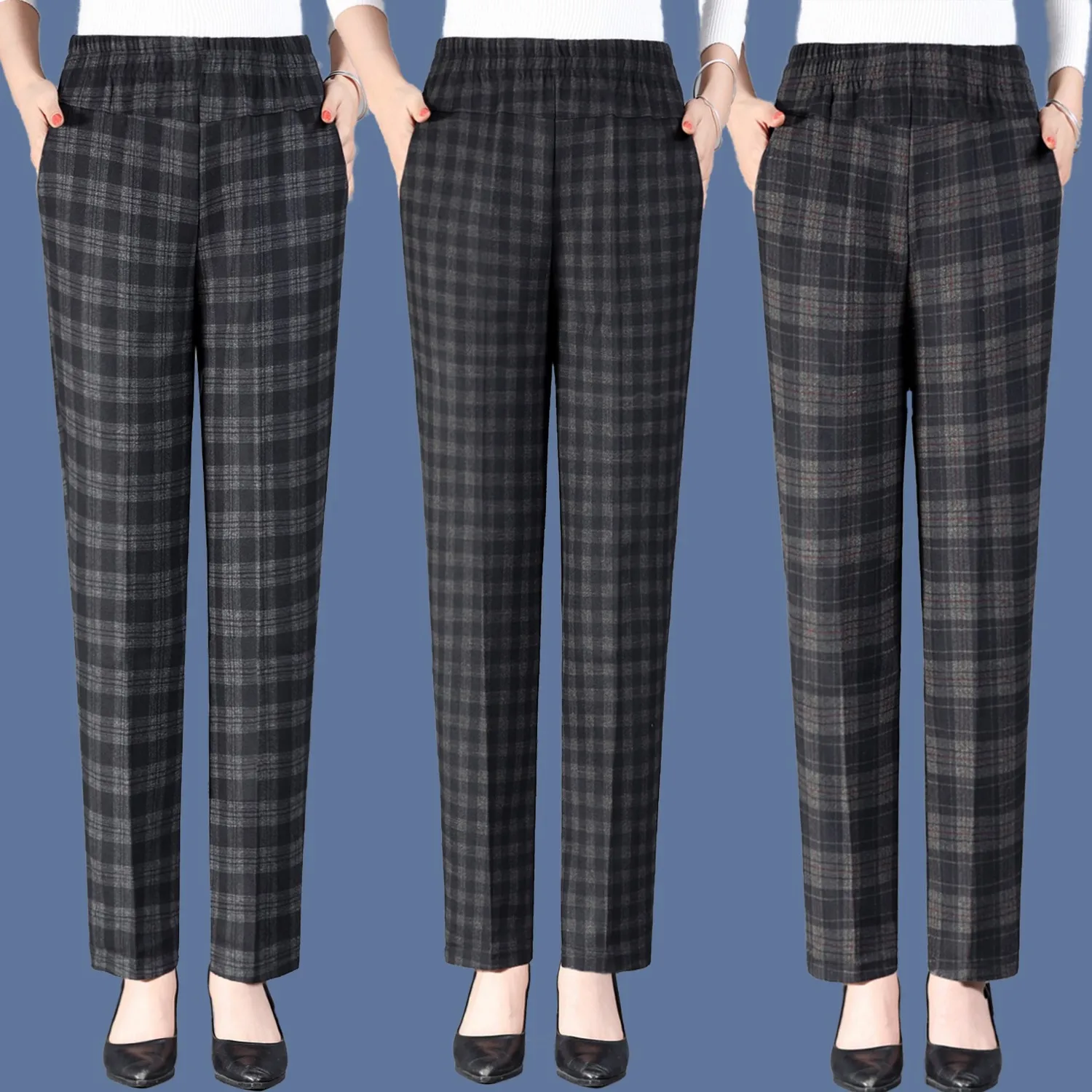 Spring New Korean Women's High Waist Elastic Plaid Casual Pants Patchwork Pockets Breathable Loose Versatile Straight Trousers