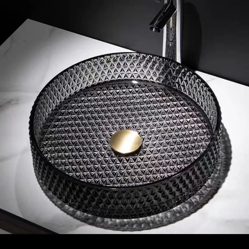 High-end Light Luxury Transparent Round Glass Wash Basin Bar Bathroom Above Counter Basin Simple Art
