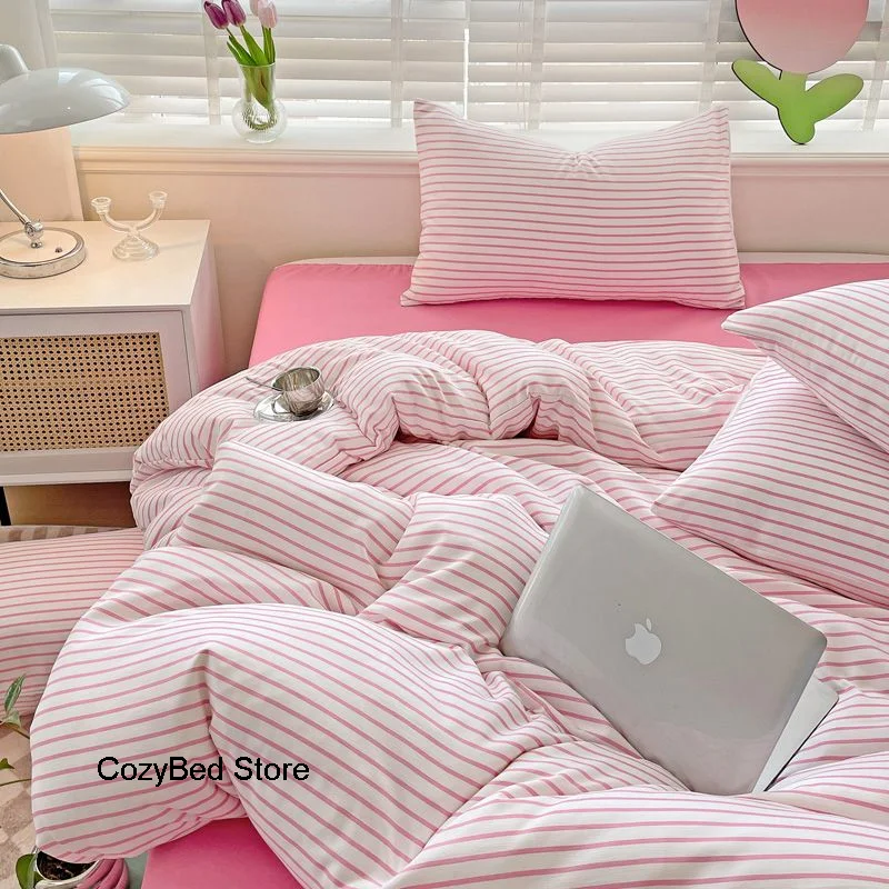 

Simple Stripe Bedding Set Washed Cotton Linen Bed Sheet Solid Color Quilt Cover And Pillowcase Pastoral Ins Style Bedclothes