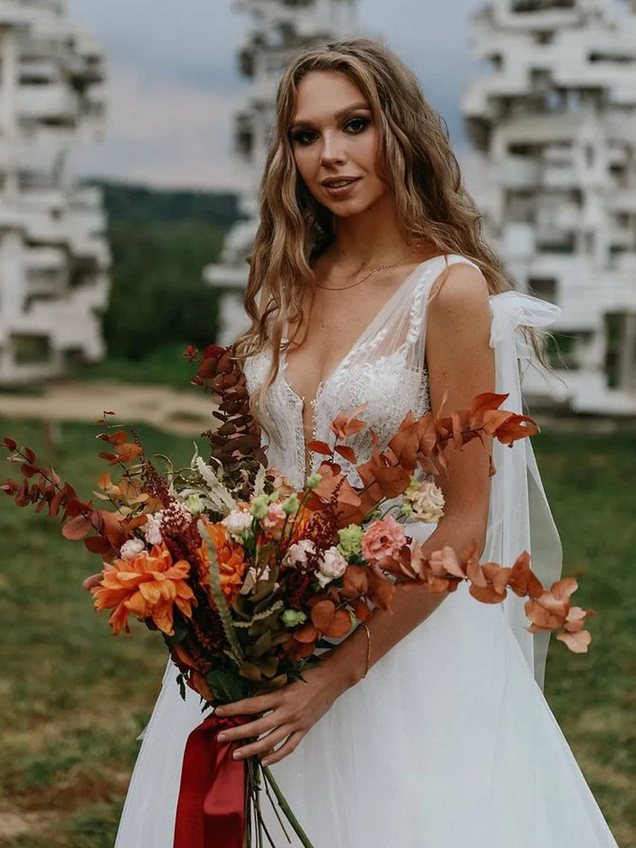 

Женское свадебное платье в стиле бохо, винтажное кружевное платье с аппликацией и шнуровкой на спине, свадебные платья, 2023