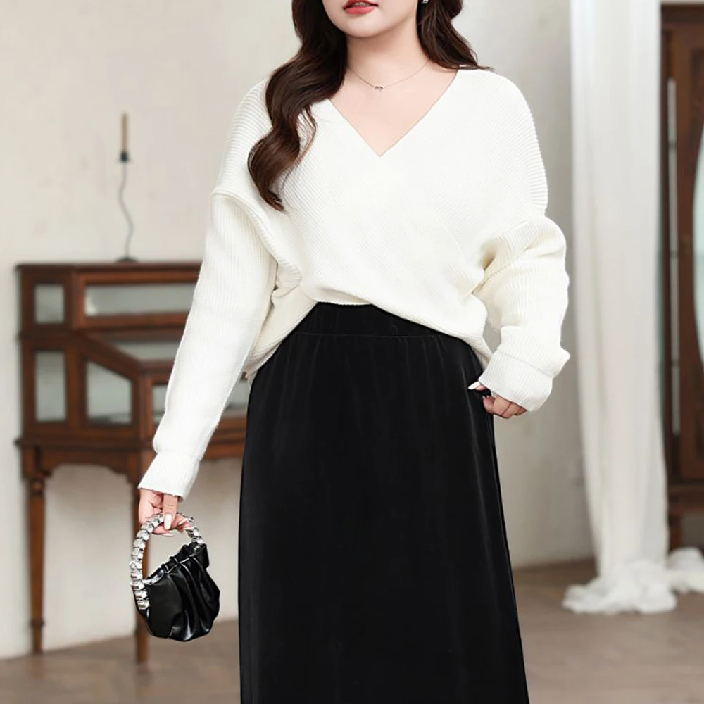 XXXL Fashion Plus Size Women's Sweater Premium Fairy Cross V-Neck Gentle Sexy Design Soft Knitted Pullovers Autumn Winter 8218