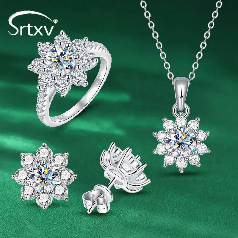 여성용 해바라기 모이사나이트 세트, 925 스털링 실버, 결혼 반지 목걸이 귀걸이, 생일 파티 선물, 신부 주얼리 세트