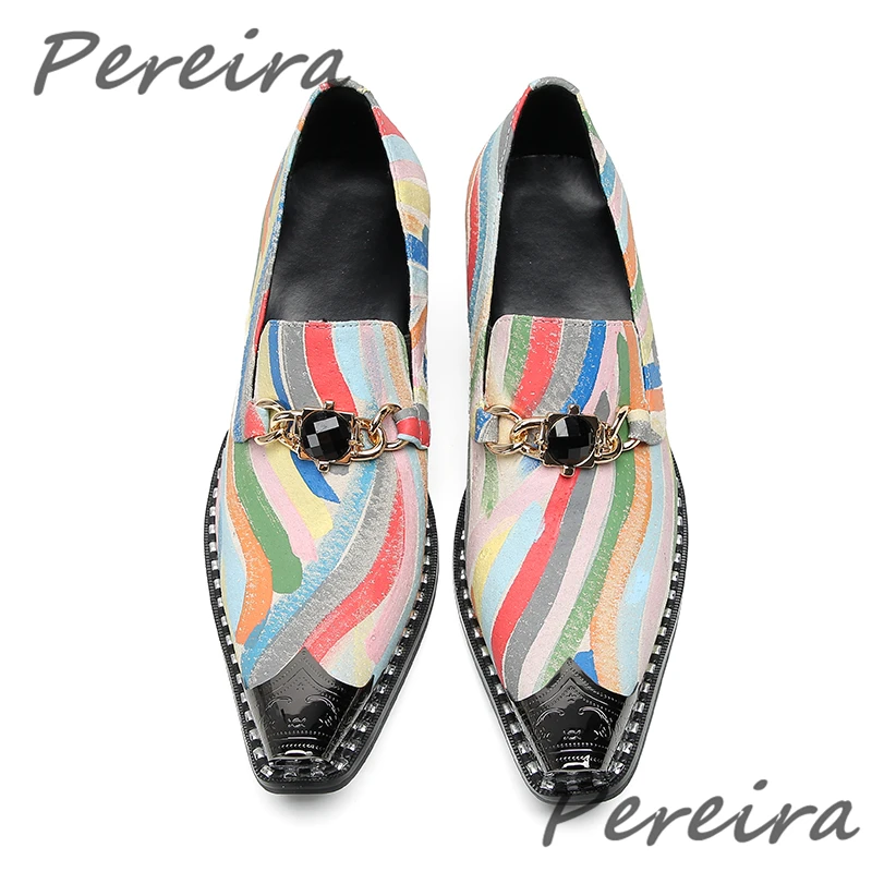 Fashion Genuine Leather Men's Shoes Colorful Stripe Rhinestone Men High Heels Metal Toe Mixed Colors Slip-On Formal Dress Shoes