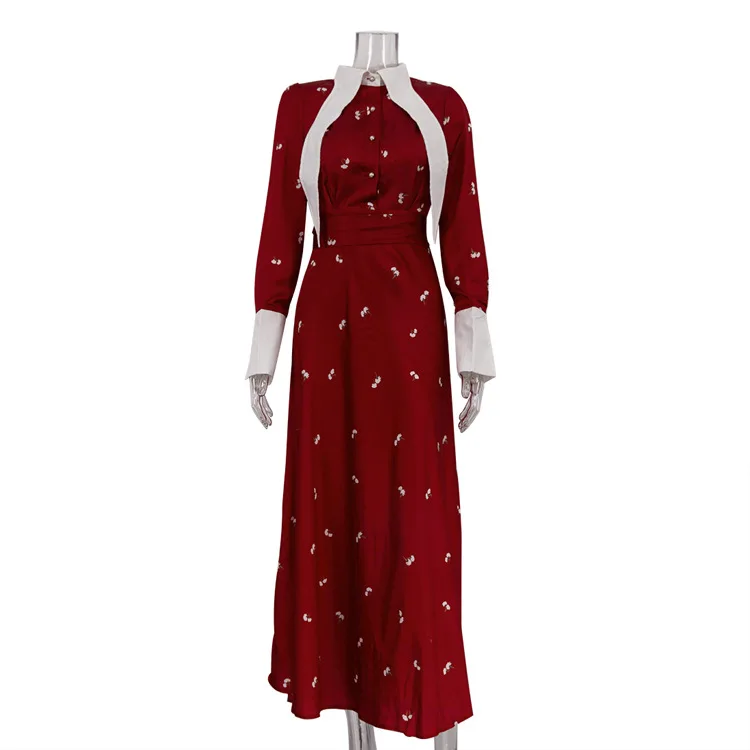 Elegant Satin Printed Long Dress Women's High Waist Patchwork Commute Slim Autumn Contrast Dress Female Maxi Dress