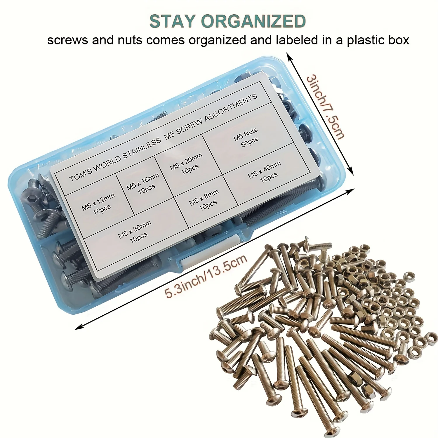 120Pcs M5 x 8mm,12mm,16mm,20mm,30mm,40mm Hex Socket Head Cap Bolts Nuts Screws Assortment Set 304 Stainless Steel