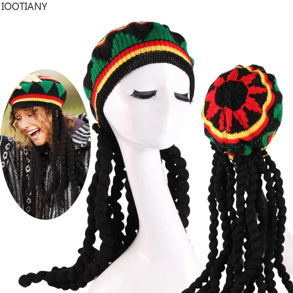 

Winter Unisex Woolen Knitting Cap Warm Black Dreadlocks Reggae Hat Ethnic Style Braid Wig Cosplay Beret Halloween Costume Prop