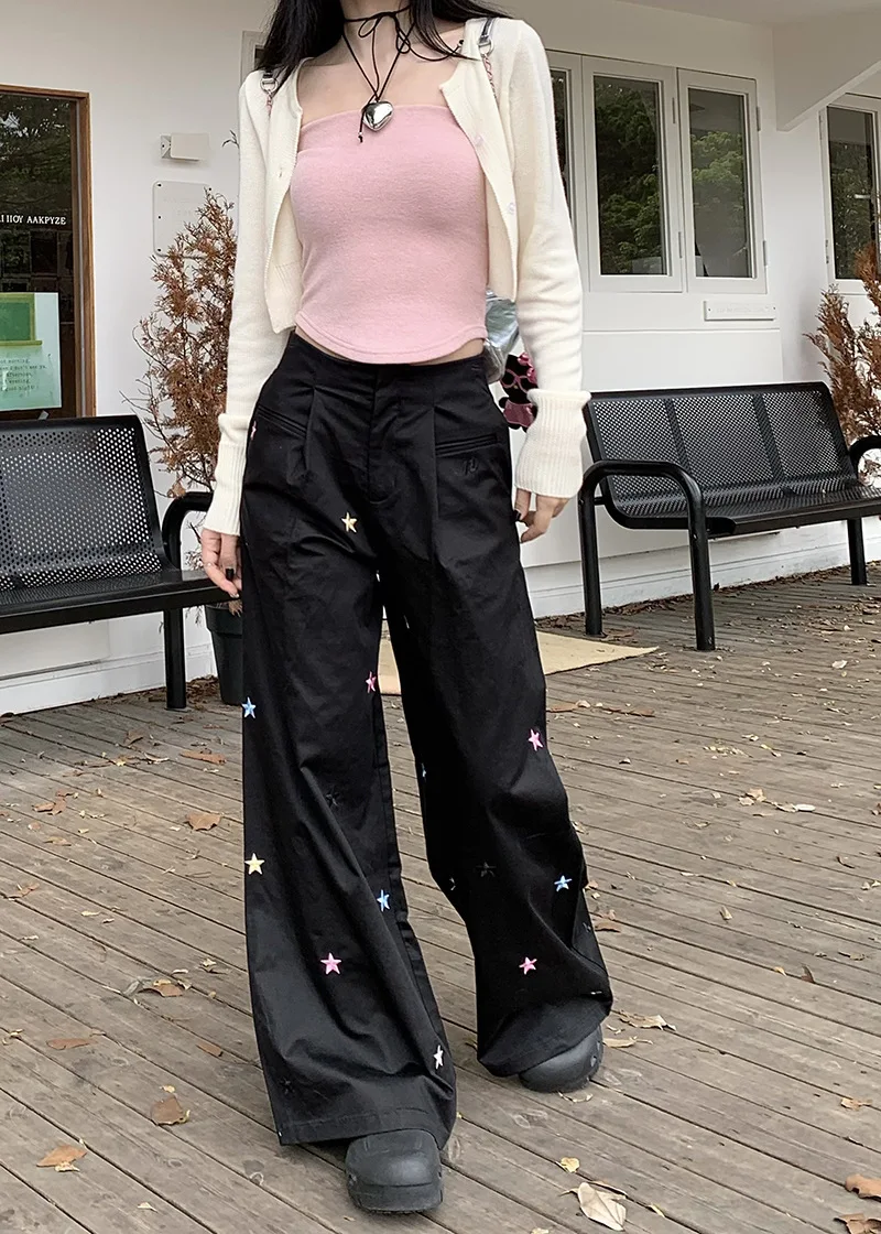 

Women's Denim Patchwork High Waist Loose Pants, Cargo Pants, Casual Trousers, Streetwear, Fashion, Autumn, Winter