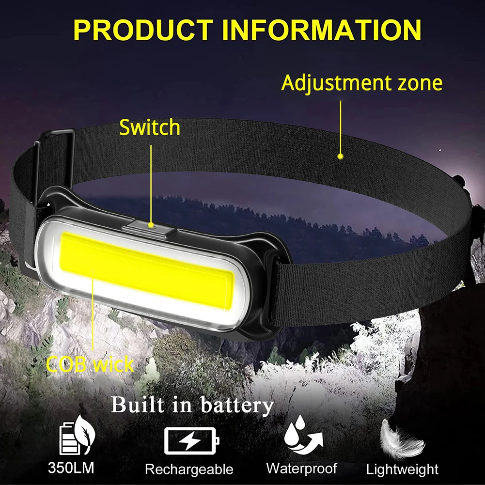USB Rechargeable Flashlight 3 Modes Head Lamp Waterproof Head Light Adjustable Headband for Running Camping Emergency Outdoors