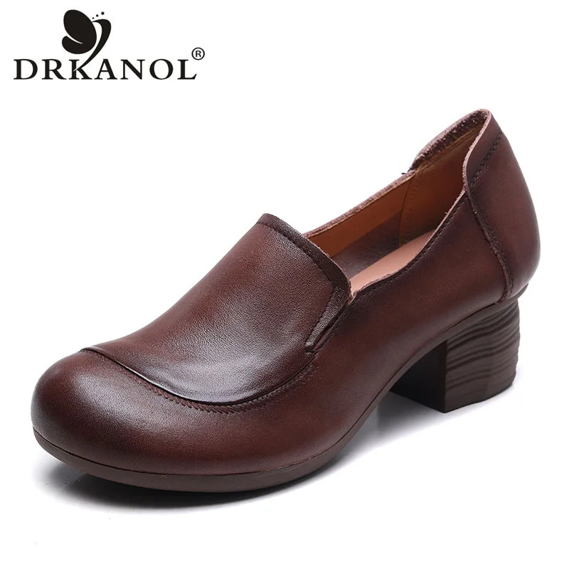 

DRKANOL Literary Style Genuine Leather Pumps Women Slip On Thick Heel Loafers Casual Shoes Ladies Round Toe Comfort Office Shoes
