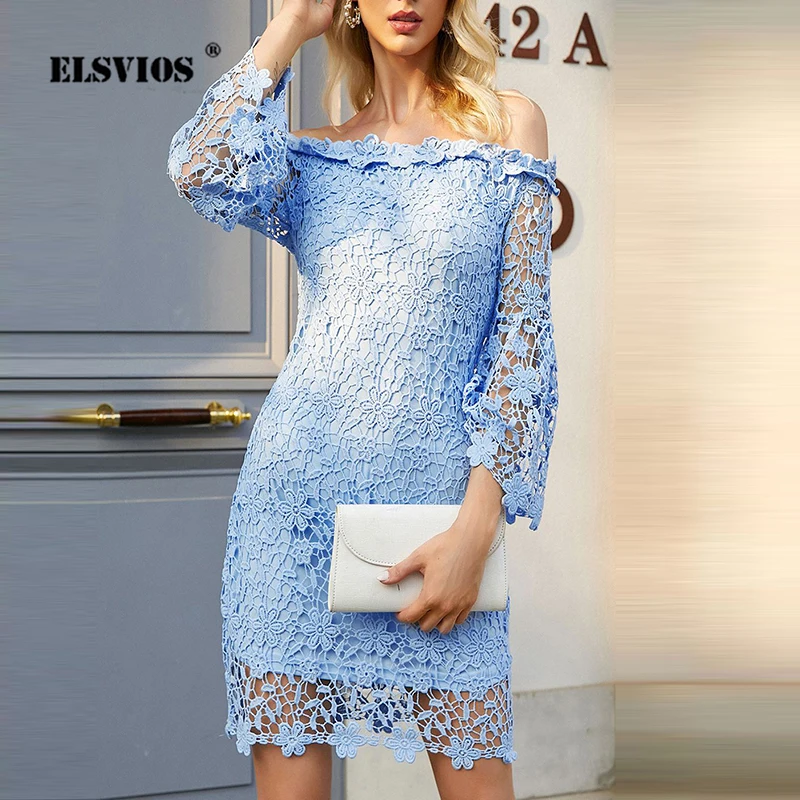 

Elegant Slash Neck Lace Dress Women Spring Summer Sexy Flare Sleeve Slim Vestidos Lady Fashion Off Shoulder Solid Party Dresses