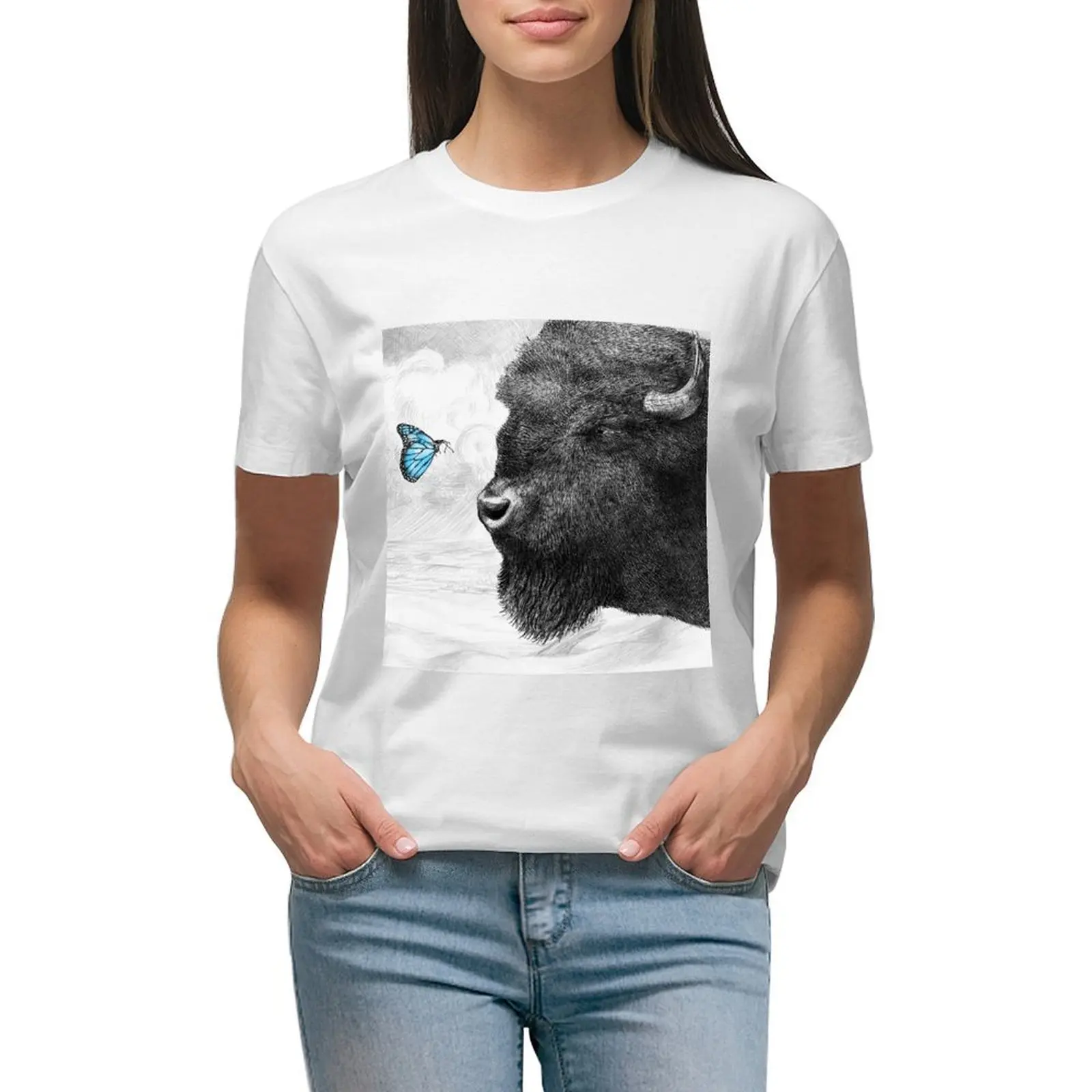 

Bison and Butterfly T-shirt summer clothes Short sleeve tee oversized workout shirts for Women