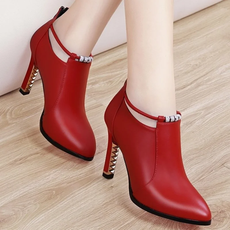 new Winter Boots Women Shallow Round Toe Red Women's Boots Thin Heels Zip Ankle Boots Pu Leather Zapatos De Mujer