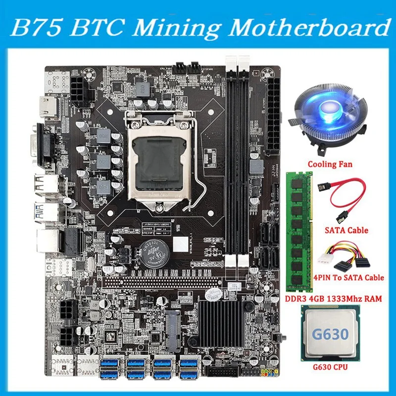 B75 BTC Mining Motherboard+SATA Cable+DDR3 4GB 1333Mhz RAM LGA1155 8XPCIE USB Adapter B75 USB BTC Miner Motherboard latest computer motherboard