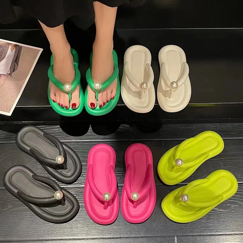 Fashion Pearl Soft Flip Flops for Women 2024 Summer Clip Toe Platform Pillow Slides Sandals Woman Light Non Slip Beach Slippers 2