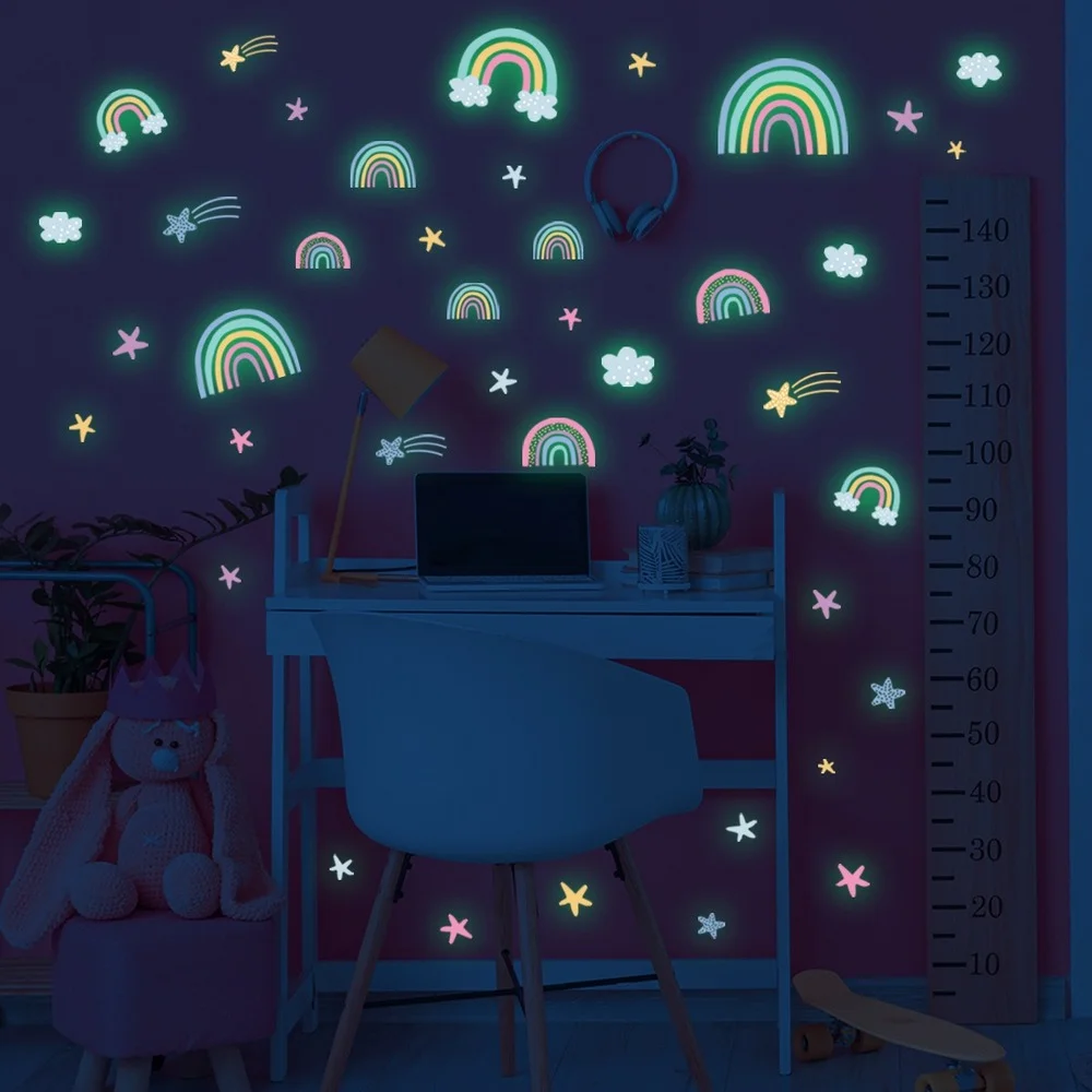 Cartoon Luminous Wall Stickers Glow In The Dark Fluorescent Rainbow Wall Decal For Kid Rooms Bedroom Ceiling Nursery Home Decor