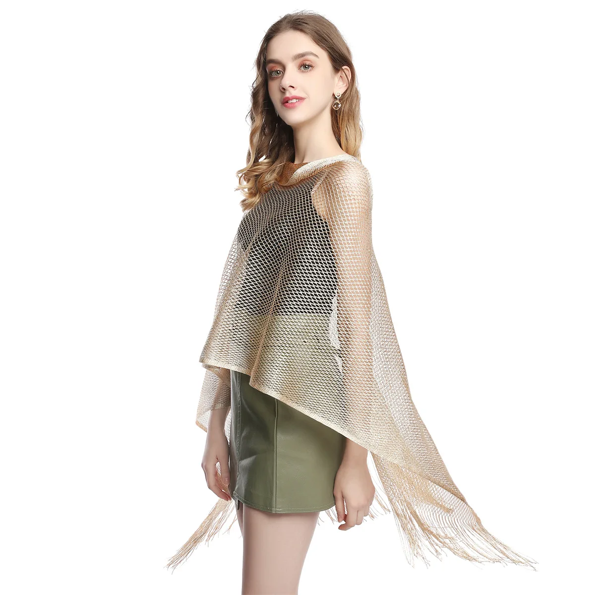 

Summer Hollow Tassel Shawl European and American New Style Pullover Artificial Silk Outer Layer Shawl Women's Cape Shawl