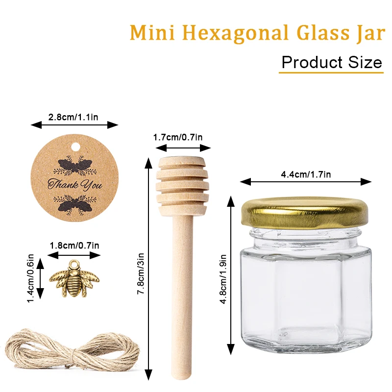 Mini Hexagonal Glass Honey Jars-Small Honey Jars-With Gold Lids For Baby Shower, Wedding And Party Favors
