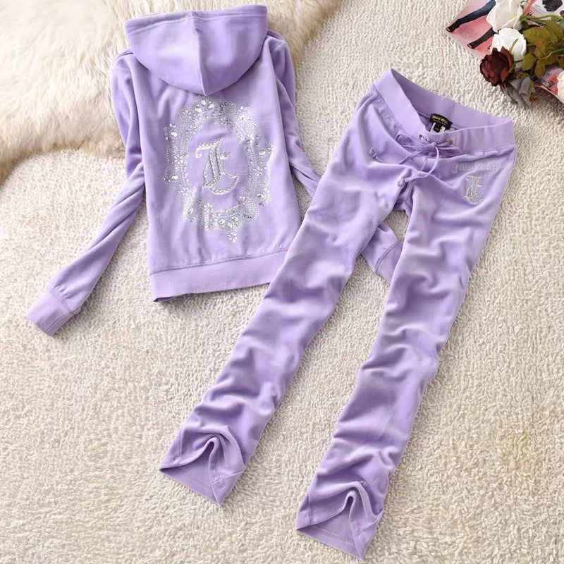 Juicy Grape Velvet Tracksuit Women Two Piece Set 2024 Women's Hoodies and Pants Set Casual Tracksuit