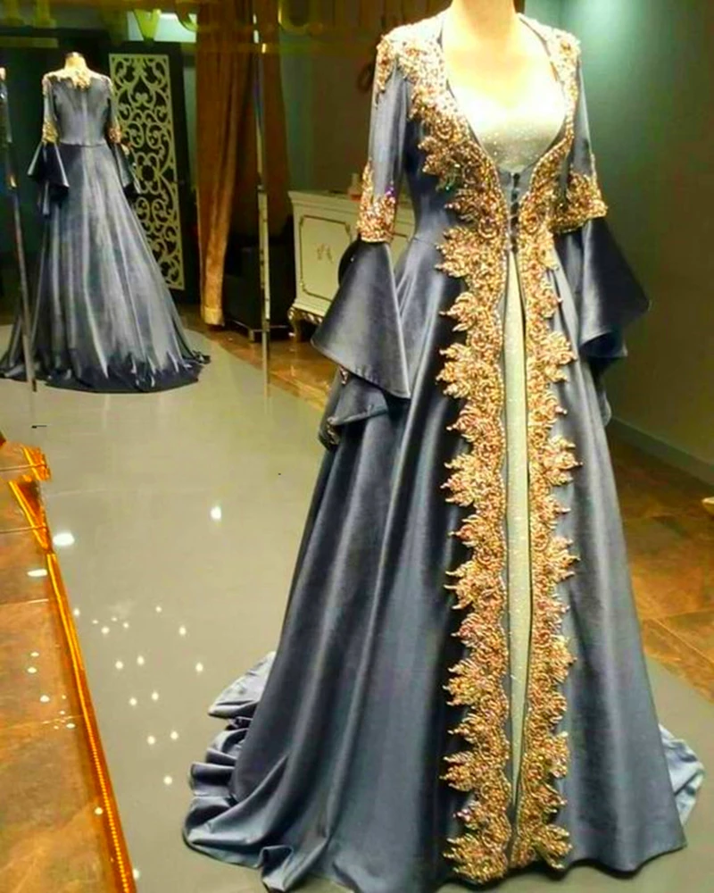 

Elegant Arabic Moroccan A Line Evening Dress Gray Velvet Long Sleeves A Line Wedding Party Gown With Gold Lace Appliques Beaded