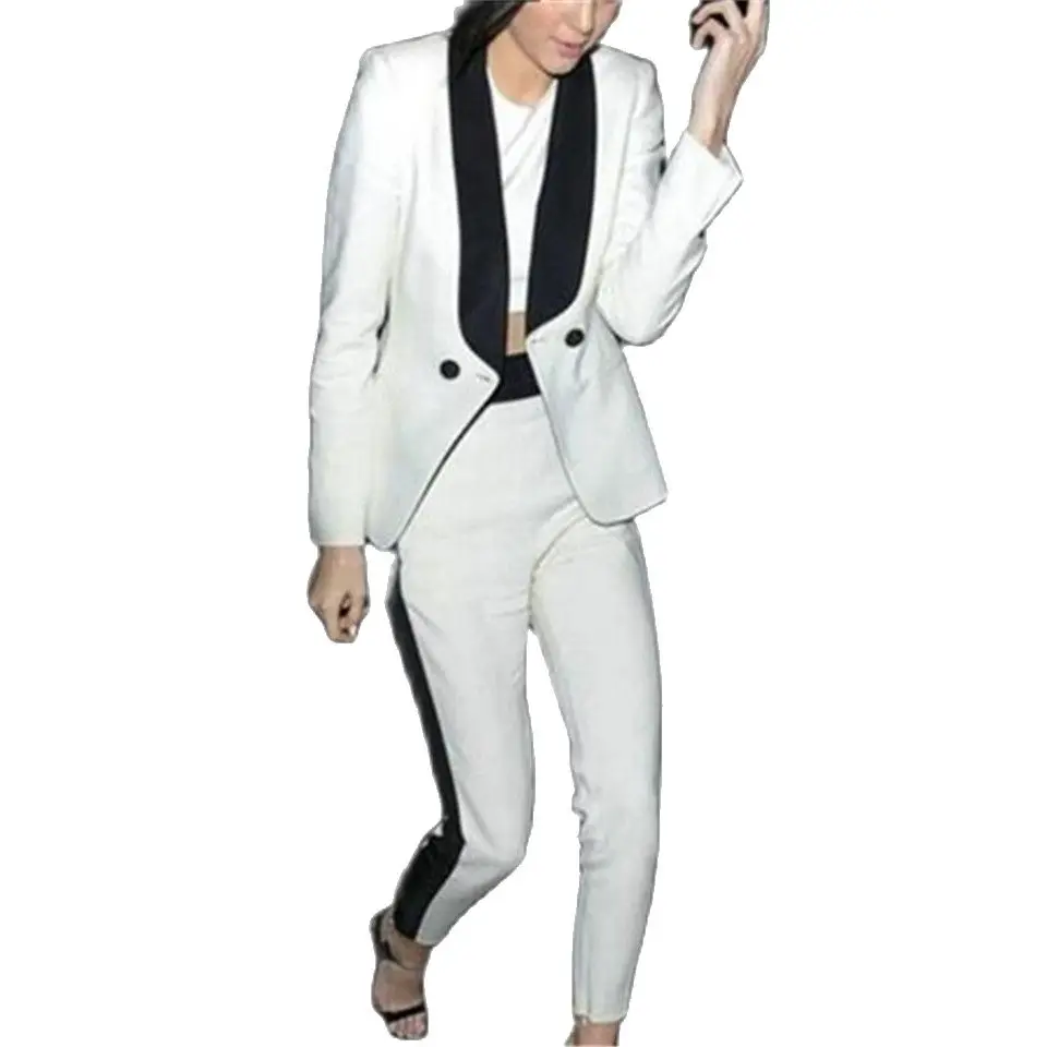 

2 Piece White Women Suits Black Shawl Lapel Ladies Trouser Suit Show Office Uniform Party Outfits