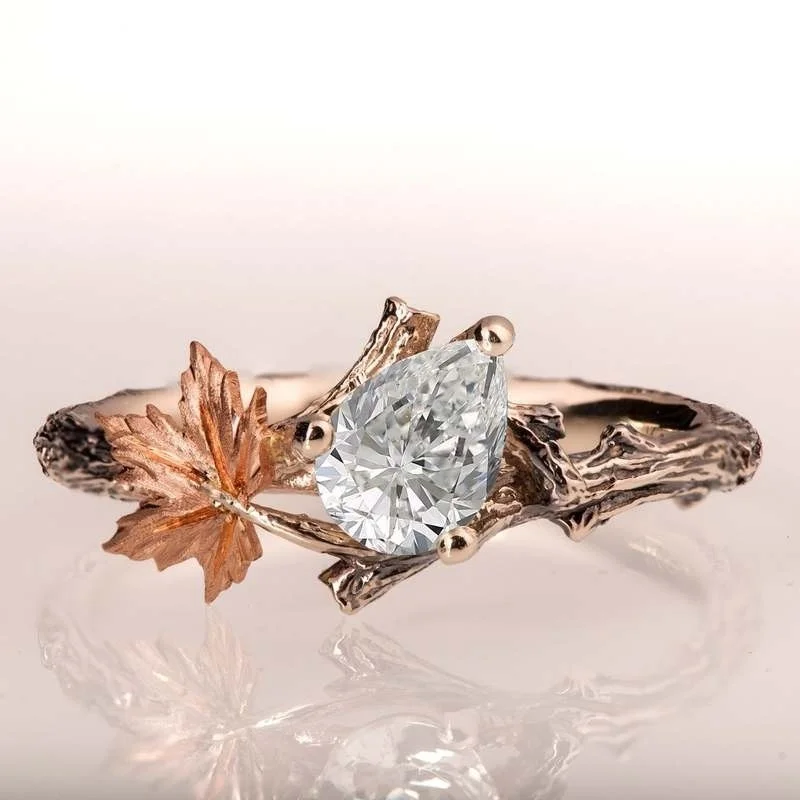 Twig and Leaf Engagement Ring, Gemstone Engagement Ring, Maple Leaf Ring